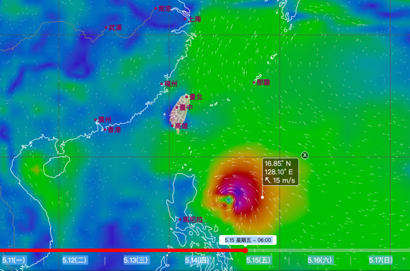中央氣象局風場預測顯示圖指出，菲律賓東方海面上低壓正逐漸發展當中，不排除可能發展為今年第一號颱風，未來將朝偏西北方向前進。   圖：取自中央氣象局