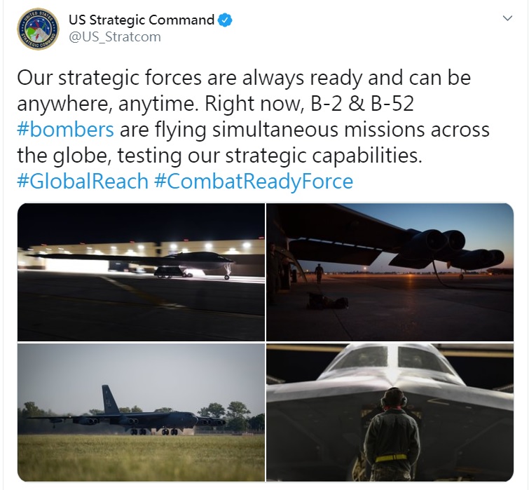 美國戰略司令部在推特表示，B-2與B-52 轟炸機正在同時執行全球任務，以測試美軍的戰略能力。   圖：翻攝自美國戰略司令部推特