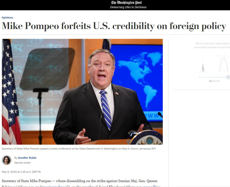 《華盛頓郵報》曾於9日報導指稱「蓬佩奧讓美國外交聲譽掃地」   圖：翻攝自《華盛頓郵報》