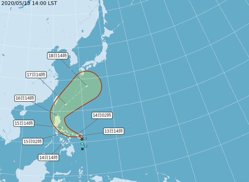 中央氣象局預測颱風「黃蜂」路徑，預計週末最靠近台灣。   圖：取自中央氣象局官網