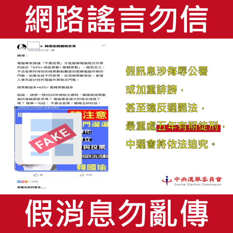 中央選舉委員會今（18）大表示，網路社群媒體又傳「電腦專家建議「不要投票」才能破解電腦程式作票的設計「65%× 總投票數=罷韓票數」的假訊息。   圖：中選會提供