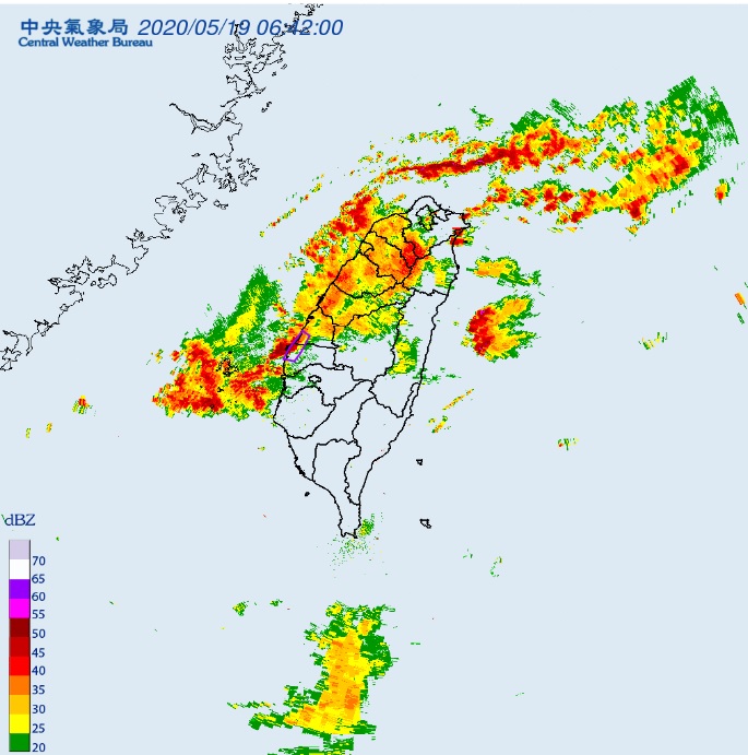 中央氣象局19日上午6時42分發布大雷雨即時訊息，提醒民眾多加防範。   圖：翻攝自中央氣象局