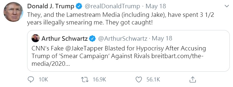 川普也在推特推文，稱「他們和媒體已花了3年多的時間『對我非法抹黑』。他們會被逮捕！」   圖：翻攝自川普推特