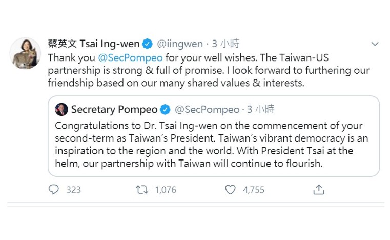 龐培歐在蔡英文520就職前夕於推文恭賀「台灣總統蔡英文博士」將展開第二任期，蔡英文也親自推文回應。   圖：翻攝蔡英文推特