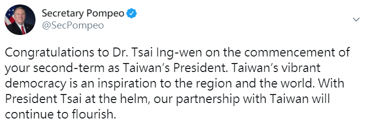 蓬佩奧在推特中發文，表示「恭喜蔡英文博士展開台灣總統的第二任期；台灣繁榮的民主啟發了地區與世界，在蔡英文總統的領導下，我們與台灣的關係將會繼續蓬勃發展」。   （擷取自蓬佩奧推特）