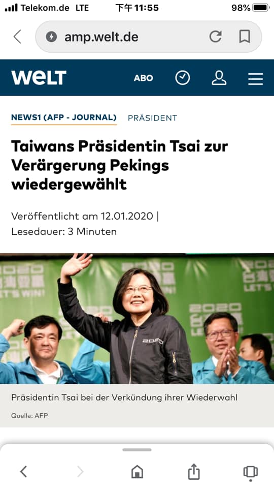 謝志偉指出，1月11號後，德媒對台灣總統大選的報導，寫的也都是「台灣總統選舉」及「蔡英文總統連任成功」。   圖：翻攝自謝志偉臉書