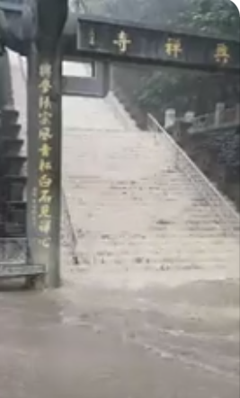 趙天麟放上鼓山區興禪寺的影片，因水排不出去，長階梯成了瀑布。   圖：擷取自趙天麟臉書
