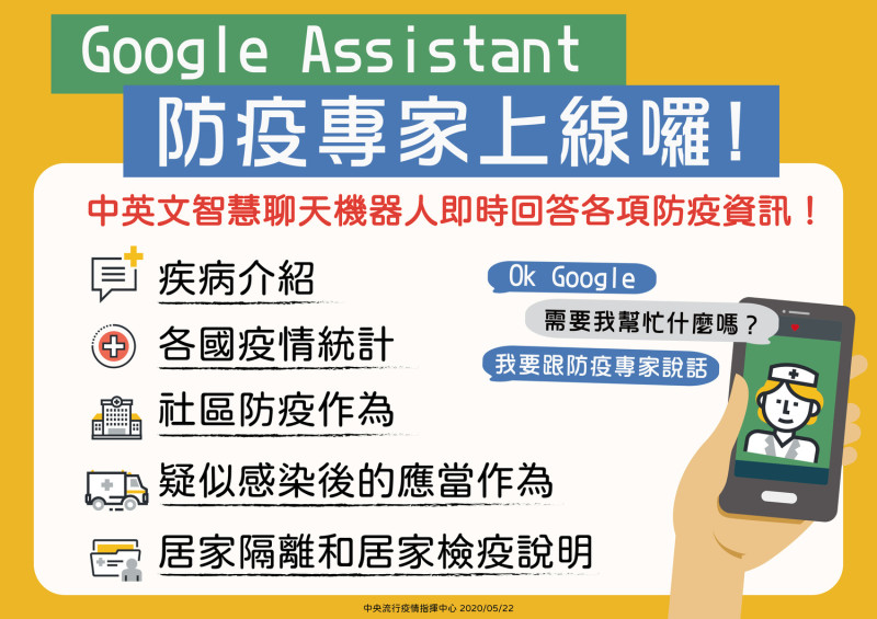 疾管署運用Google Assistant服務，可從多元管道了解防疫資訊。   圖：疾管署／提供