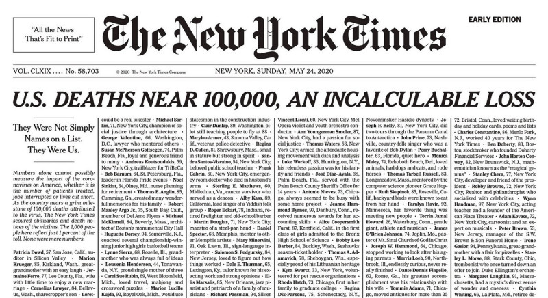 紐約時報在社群媒體搶先公布24日頭版，以「全美直逼10萬死亡 損失無法計算」為標題，列出千名因新冠肺炎病逝的名單。   圖：取自推特