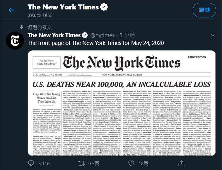 紐約時報在社群媒體搶先公布24日頭版，以「全美直逼10萬死亡 損失無法計算」為標題，列出千名因新冠肺炎病逝的名單。   