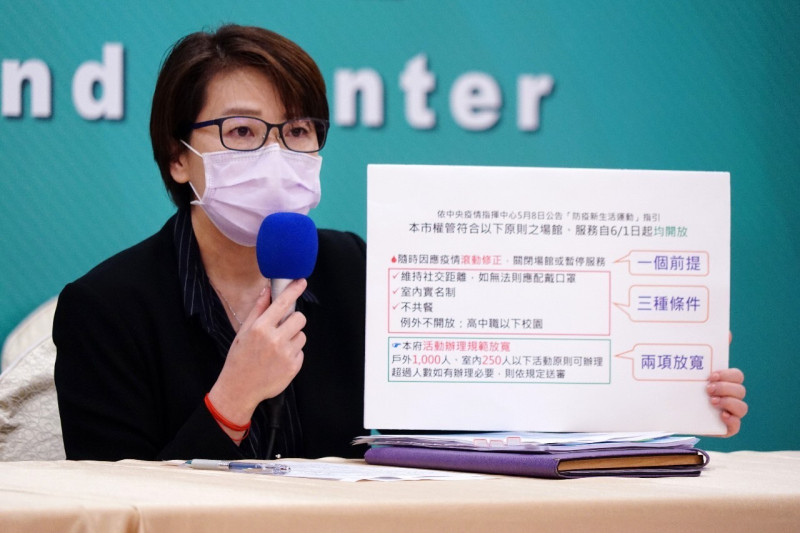 台北市副市長黃珊珊宣布台北市第三波解封原則，6/1起市內公有場館只要符合三項原則就可對外開放。   圖：台北市政府／提供