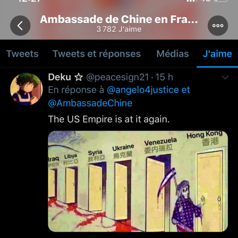 中國駐法大使館以官方名義發出的一則「死神降臨香港」的漫畫譏諷美國和香港，在法國遭到如暴風雨般的譴責。   圖：翻攝推特