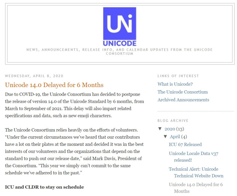 統一碼聯盟（Unicode Consortium）表示，原訂明年3月推出的表情符號「Emoji 14.0」版將延遲發表。   圖：取自UNICODE準則公告官網