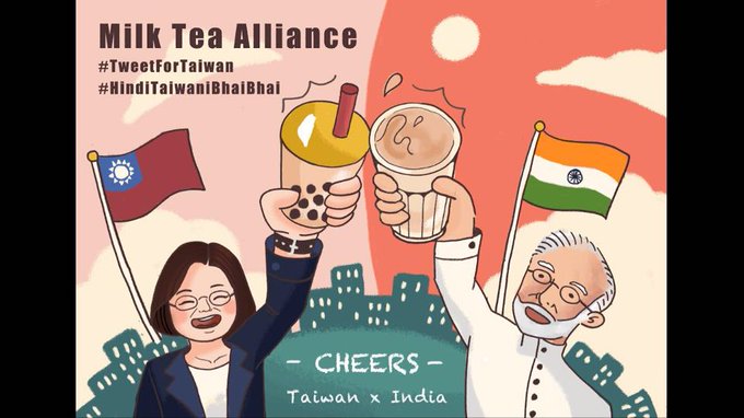 印度《獨立雜誌》引用數位外交研究室的有趣插圖，內容是總統蔡英文（左）與印度總理莫迪以奶茶乾杯畫面，象徵「奶茶同盟」。   圖：翻攝自數位外交研究室推特