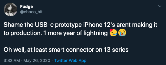 知情人士Fudge透露iPhone無線充電需等到2021年。   圖：擷取自Fudge推特
