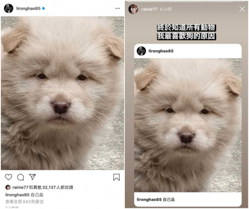 昨（27日）李榮浩在IG上貼出一張狗臉照，釣出老婆楊丞琳隔空放閃。   