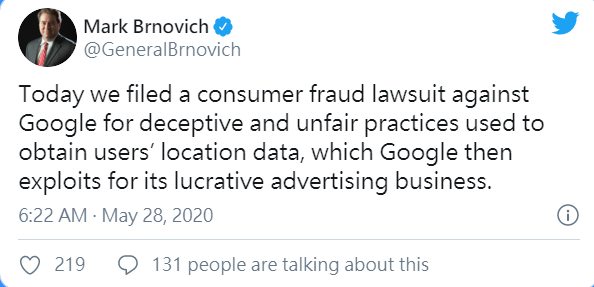 針對Google的濫用個資風暴，亞利桑那州檢察長Mark Brnovich在推特為此發文，表示已經對Google提告。   圖：擷取自Mark Brnovich推特