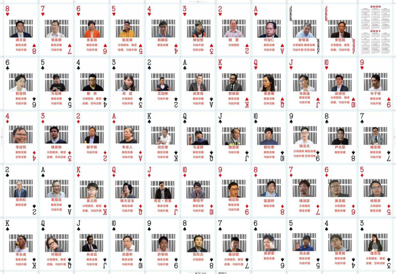 中國人大今天通過《港版國安法》，網上流傳「國安法撲克牌」名單，首批包括黎智英、李柱銘共有54人上榜。   圖：翻攝網路