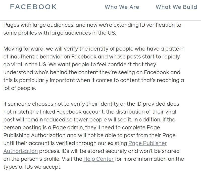 臉書在官方部落格上發文表示，將驗證網路爆紅文章作者身份。   圖：取自臉書的官方部落格