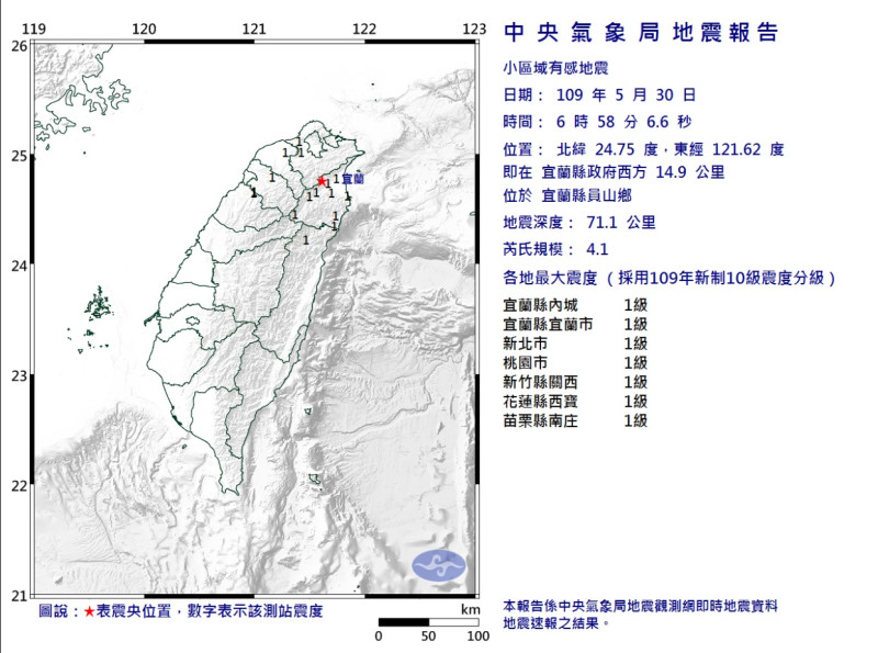 宜蘭縣員山鄉發生規模4.1小區域有感地震。   