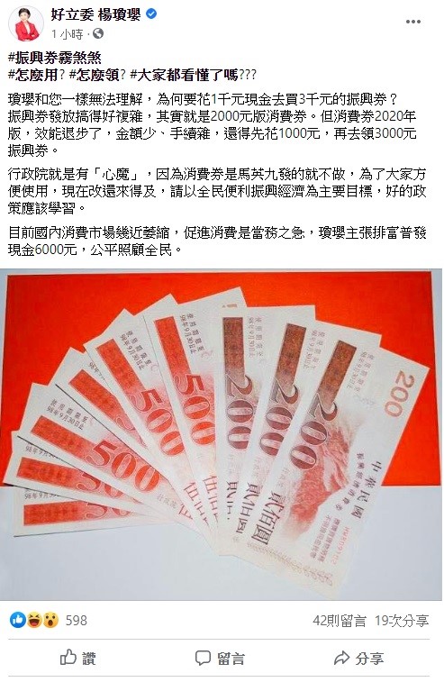 楊瓊瓔認為當務之急是要促進消費，主張普發現金6000元，公平照顧全民。   圖：翻攝自楊瓊瓔臉書
