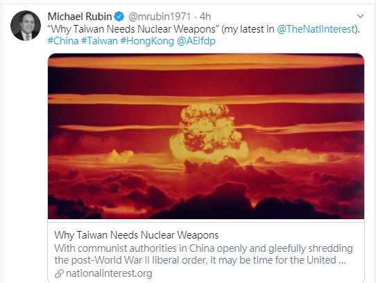 美國重量級智庫企業研究所的研究員魯賓主張讓台灣擁有核武   圖：魯賓的推特