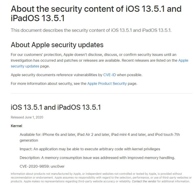 蘋果在官網宣布釋出iOS 13.5.1更新，主要是防止用戶越獄。   圖：截取自蘋果官網