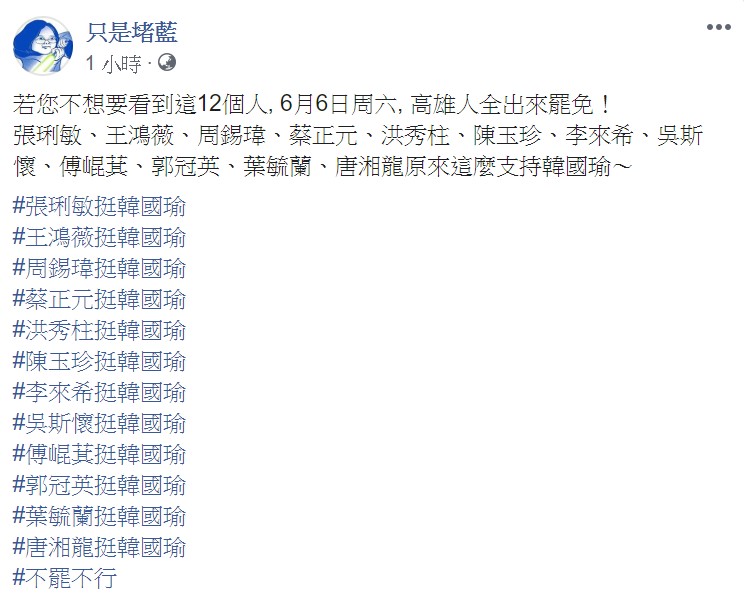 內文提到，原來這些人這麼支持韓國瑜，「若您不想要看到這12個人, 6月6日周六, 高雄人全出來罷免！」   圖：翻攝自只是堵藍臉書