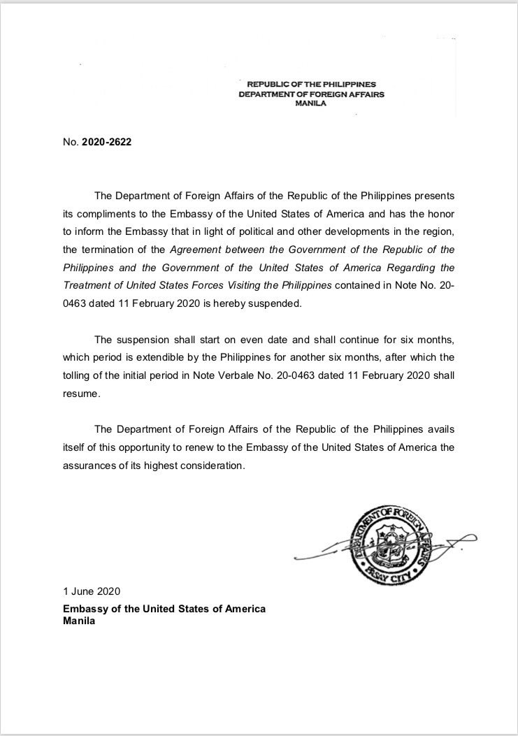 菲律賓外交部長陸辛在推特貼出公文，告訴美國，先前終止「菲美軍隊互訪協定」的通知不算數。   圖：翻攝自陸辛推特