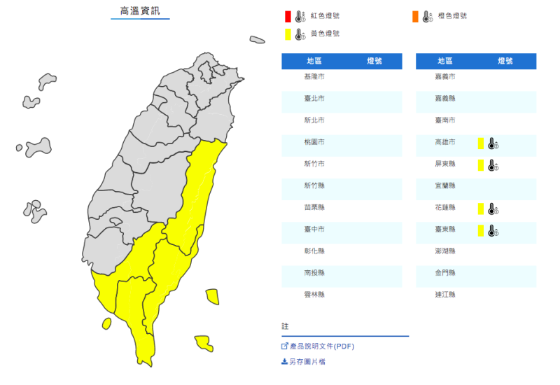 中央氣象局針對東南部4縣市發布高溫資訊。   圖：取自中央氣象局官網