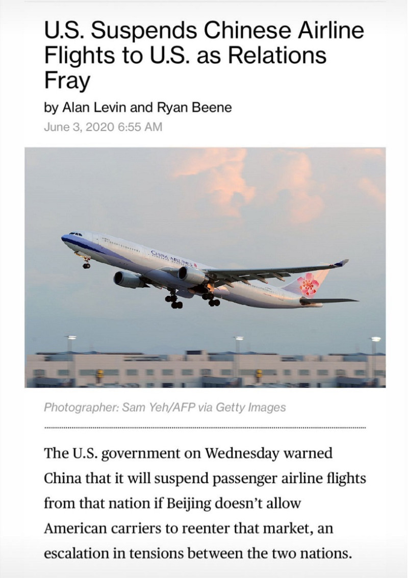 美國運輸部週三宣布，禁止中國客機進出美國，該命令自16日起生效，不料，有美國媒體在報導該則新聞時，將華航當作中國客機。   圖:翻攝自彭博社網頁