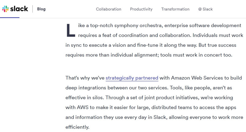Slack在官方部落格宣布與亞馬遜結盟。   圖：取自slack的部落格