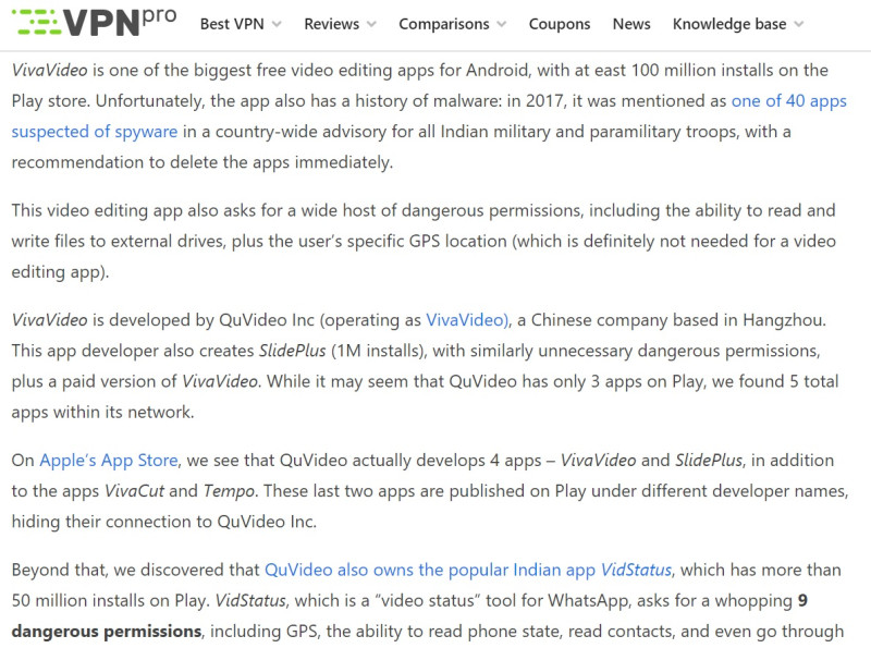 資安研究機構 VPNpro的調查報告指影音剪輯App「小影」（VivaVideo）具有「高度危險性」。   圖：截取自資安研究機構 VPNpro官網