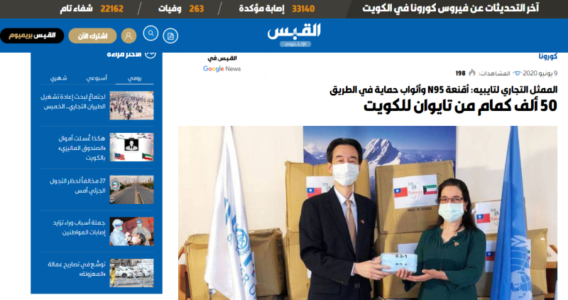 科威特阿拉伯文媒體卡帕斯報也報導台灣捐贈口罩一事。 翻攝自科威特卡帕斯報