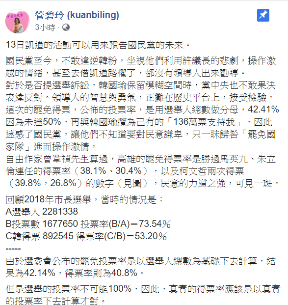 民進黨立委管碧玲今(9)日表示，「13日凱道的活動可以用來預告國民黨的未來。」   圖：翻攝自管碧玲臉書