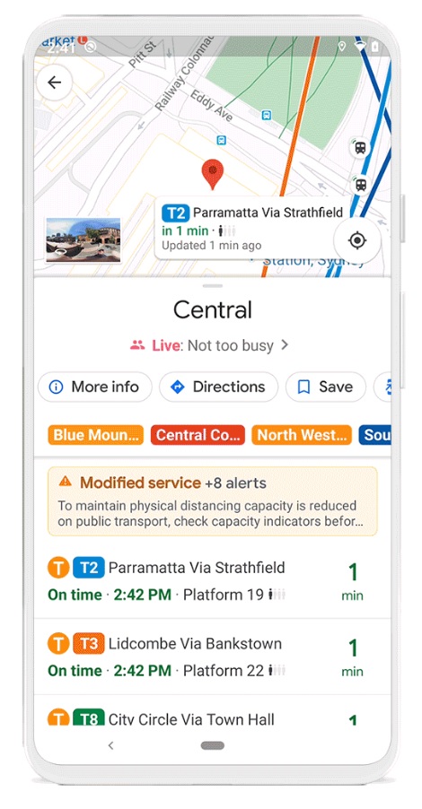 google地圖的新功能可查看大眾運輸的繁忙程度與人潮情況。   圖：截取自google 地圖官網