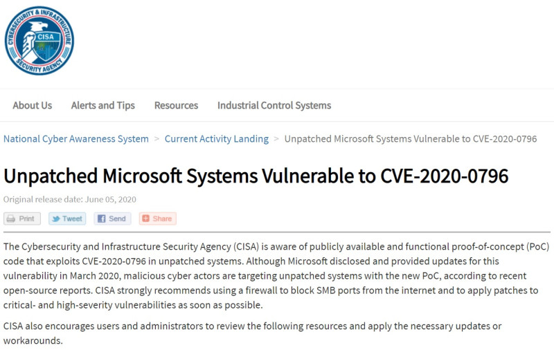 美國國土安全部發出警告，指最近有一波駭客攻擊潮，全都是利用微軟一個名為「CVE-2020-0796」的資安漏洞。   圖：截取自美國國安局官網