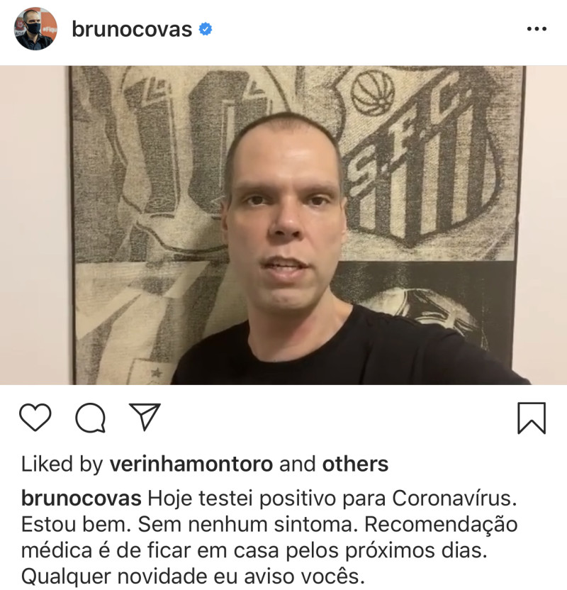 巴西聖保羅市長科瓦斯（Bruno Covas）日前在IG宣佈自己確診　   圖：翻攝自「Bruno Covas」IG