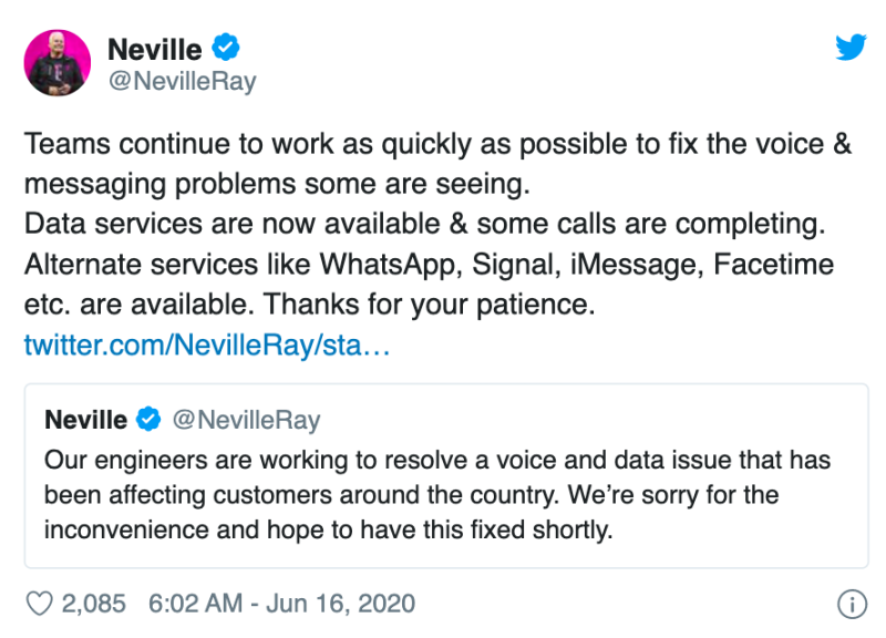 T-Moblie總裁表示訊號錯誤已解決。   圖：擷取自@NevilleRay推特