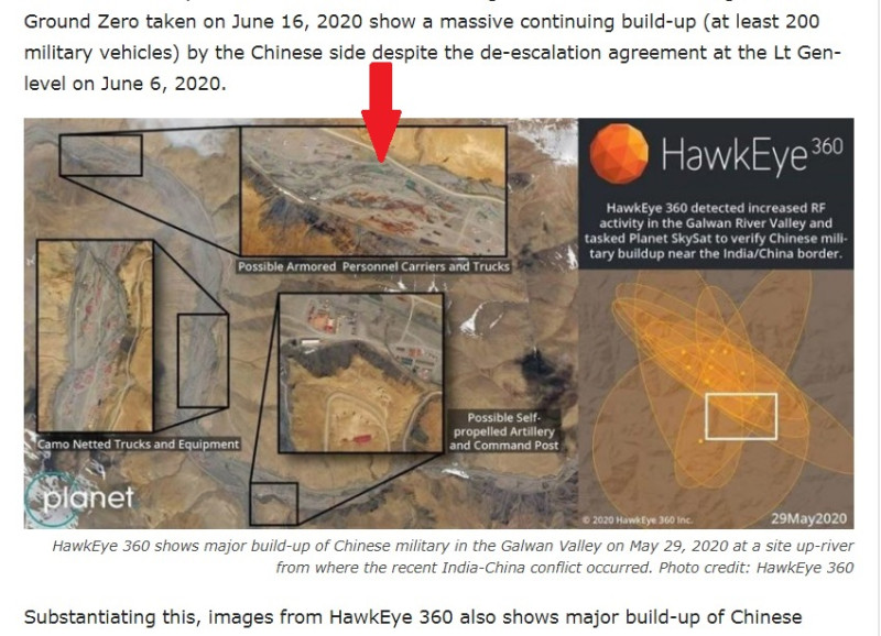 HawkEye 360的衛星圖像顯示，中國解放軍在喜馬拉雅山加萬谷集結，大批軍車（箭頭處）行駛。   圖：翻攝自GEOSPATIAL WORLD/HawkEye 360