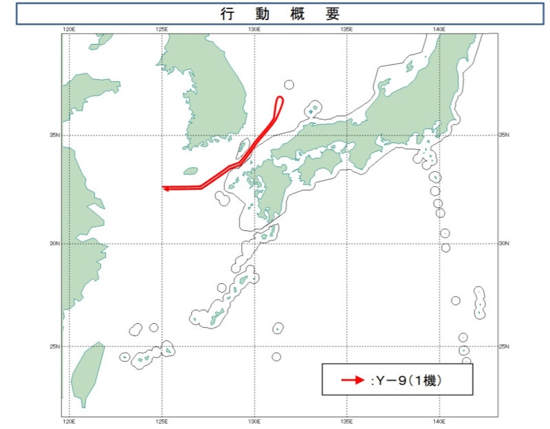 該架飛入日本海的中國「運9」偵察機遭到日方派出戰機應對後，隨即循原路返航。   圖：翻攝自日防衛省統合幕僚監部
