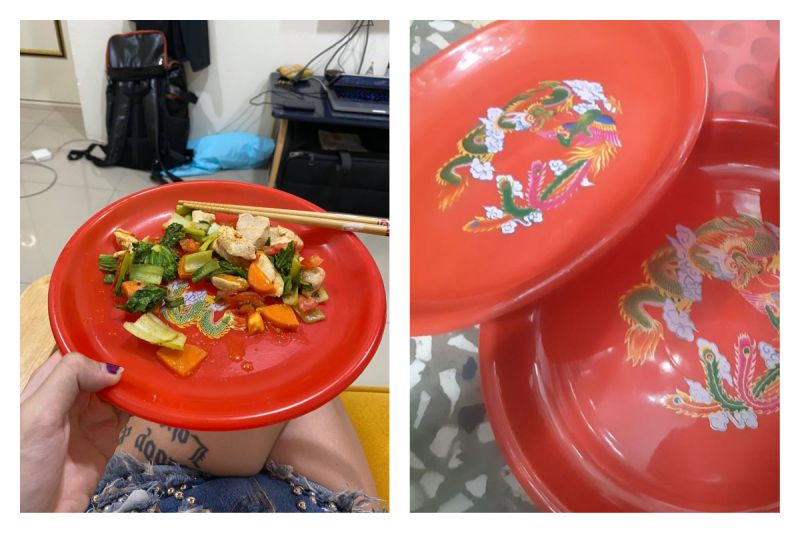 網友分享自己美國朋友最愛用這款「台灣特色」碟子盛食物，但其實這在台灣是拜神明用的，讓她好尷尬。   圖／翻攝自爆怨公社