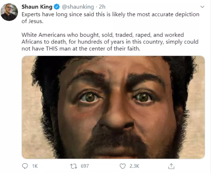 美國自由派人士Shaun King也發文，內容呼籲人們去推倒歐洲白人樹立的對於耶穌基督的認知。   圖：翻攝自推特