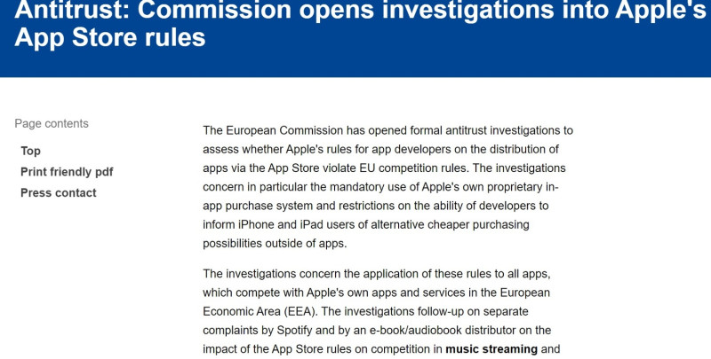 歐盟針對蘋果展開反壟斷調查，看蘋果App Store和支付服務Apple Pay是否違反市場競爭規則。   圖：截取自歐盟官網