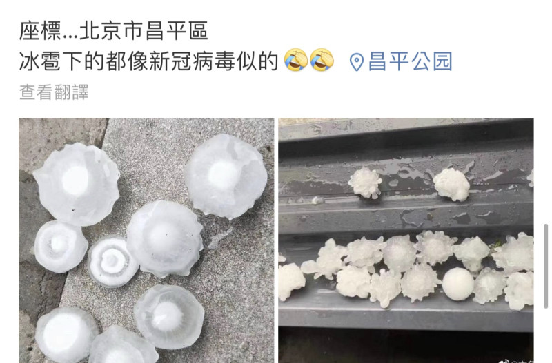 北京昨（25）天下起神似冠狀病毒的冰雹。   圖：翻攝自微博