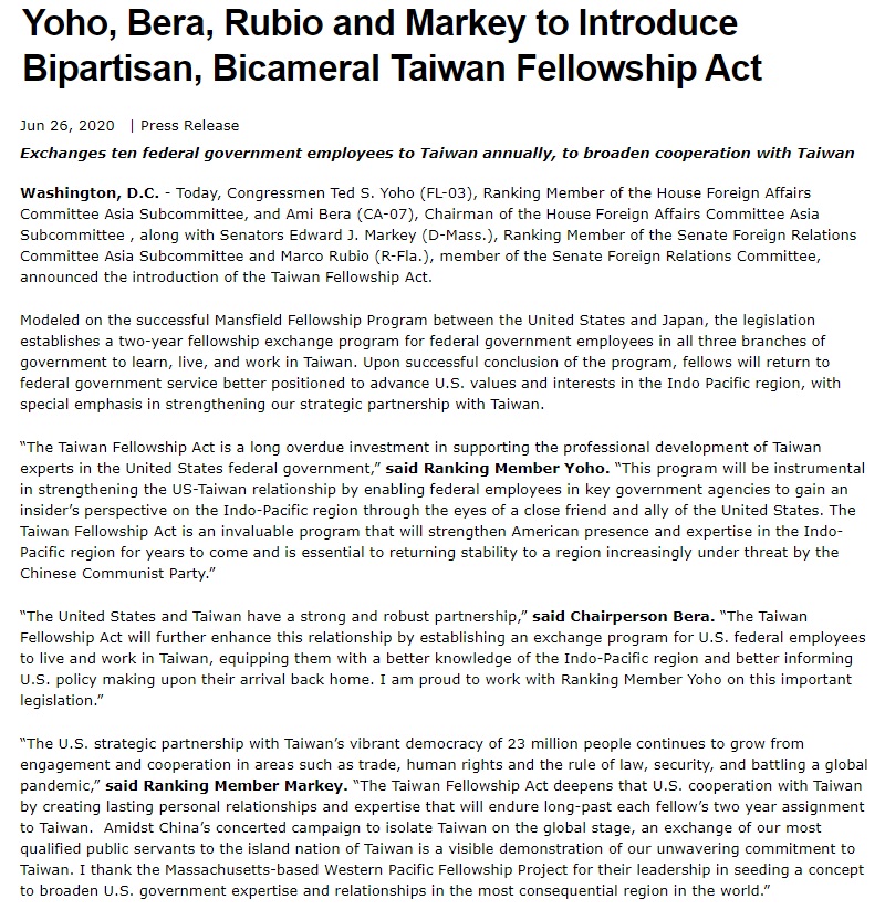美國國會議員26日提出「台灣獎學金法」草案，提供美國聯邦官員為期2年的獎學金，學習中文並深入了解台灣與印太區域。   