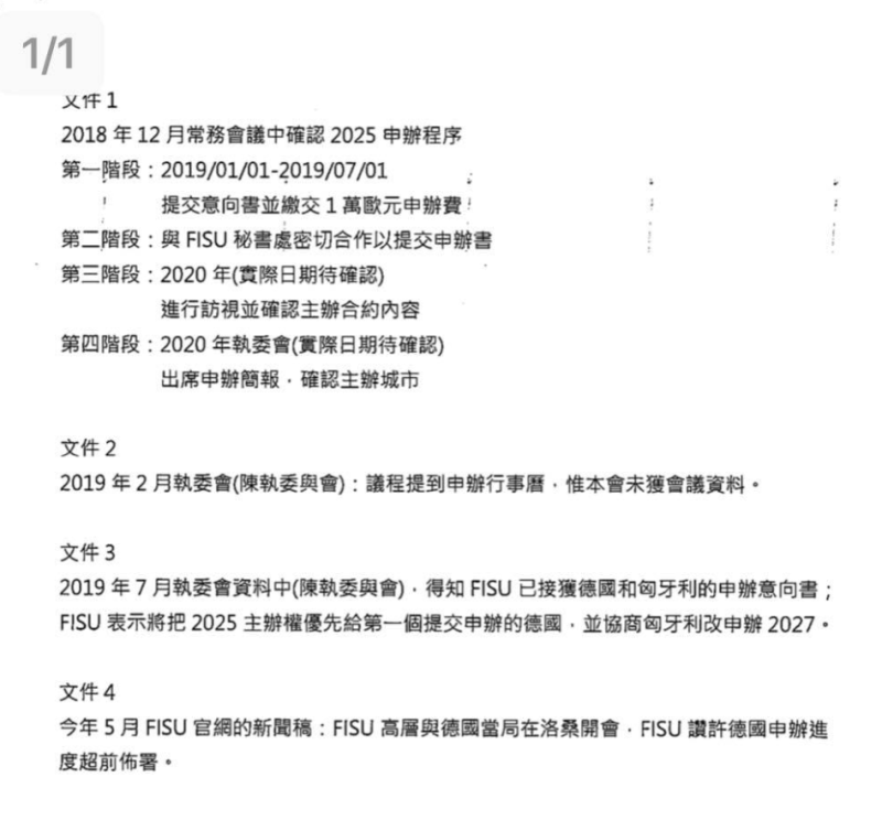 王定宇今在臉書指2025世大運申辦期限在2019年7月過期，並附上查證相關明細。   圖：翻攝自王定宇臉書