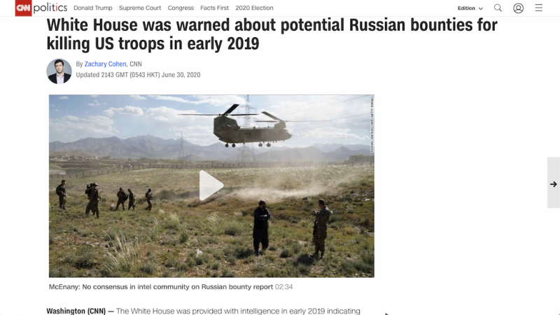 白宮早在2019年初就得到情報說「俄羅斯為殺死駐阿富汗美軍提供賞金」   擷取至CNN官網