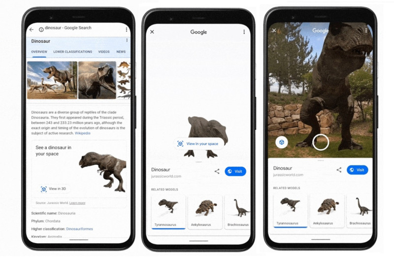 Google透過AR技術，讓電影《侏羅紀世界》中的10種恐龍真實地出現在使用者面前。   圖：新頭殼合成