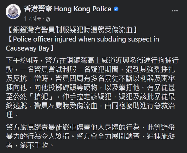 香港警察嚴厲譴責暴徒嚴重傷害他人身體的行為，將會全力追查。   圖：擷取自香港警察臉書